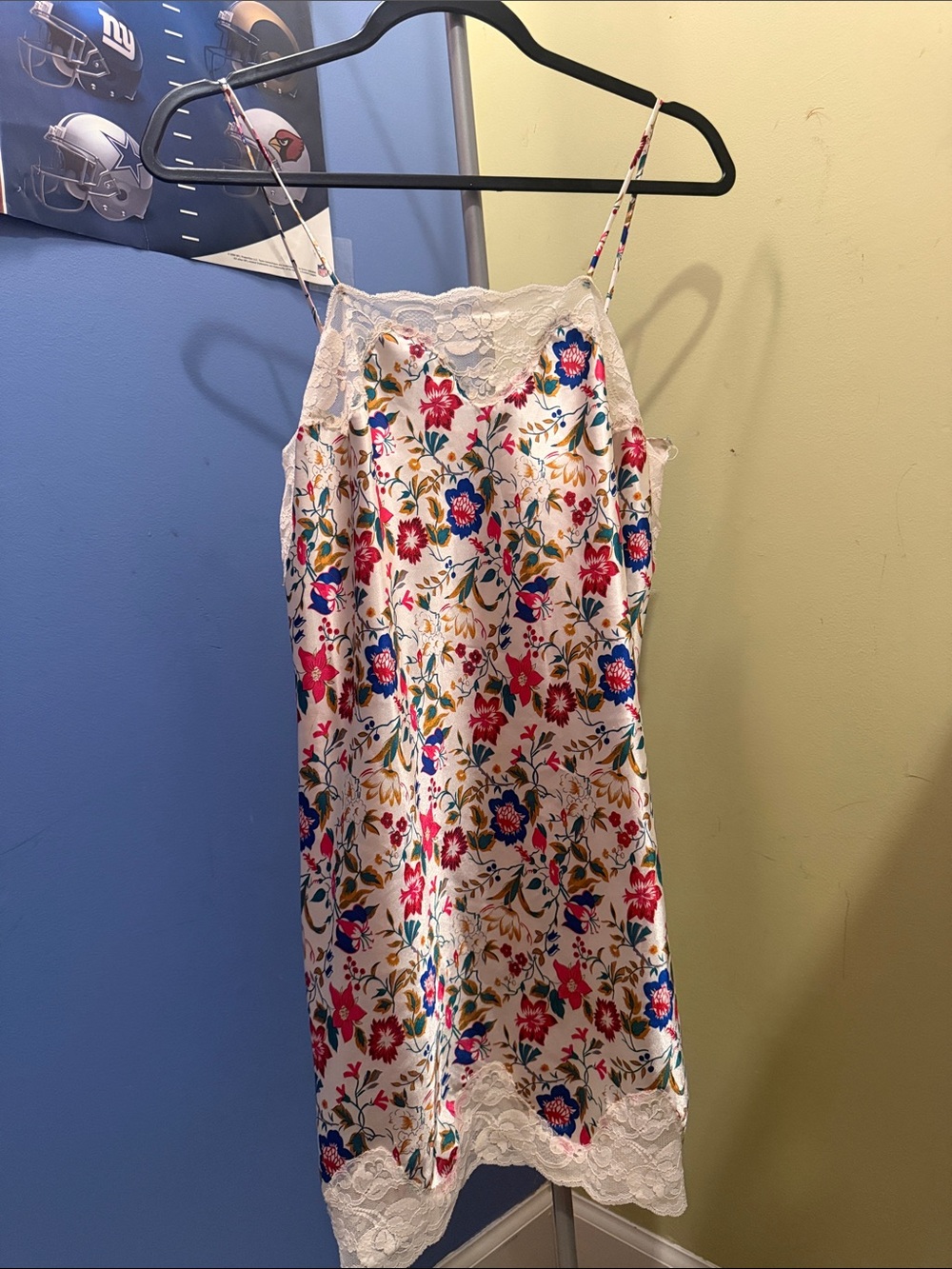 Vintage Floral Lace-Trim Slip Dress in White with Pink & Blue Flowers